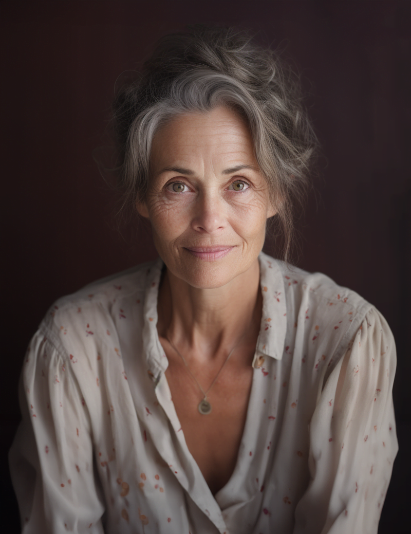 A woman with gray hair is posing for a photo.